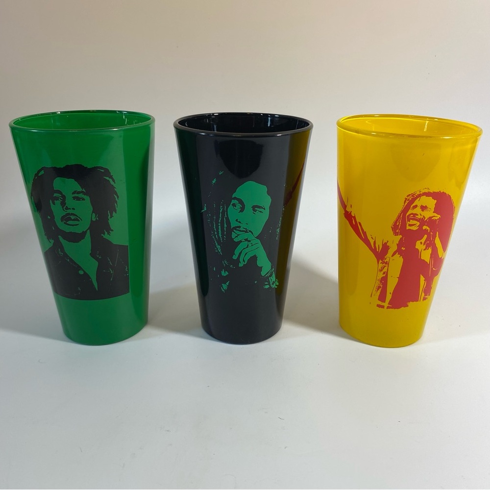 Set of 3 Bob Marley Drinking Glasses 2009 Black Yellow Green Music Reggae